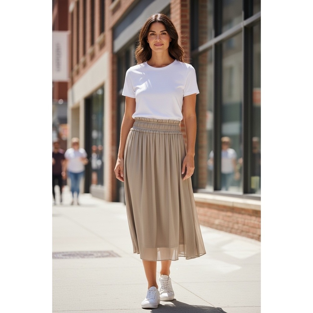 Origami by Vivien Taupe Smocked Waist Pleated Midi Skirt Small Beige Flowy